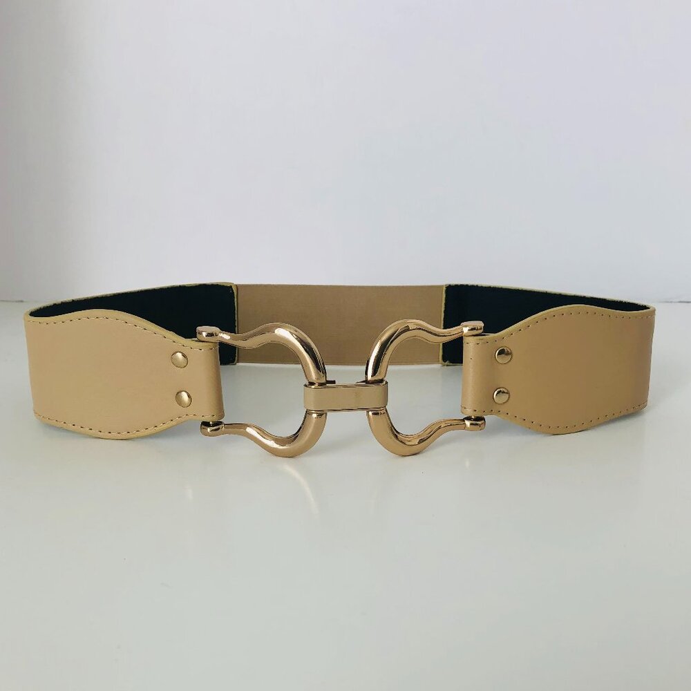 Beige-cream equestrian-inspired style faux leather wide stretch belt – small